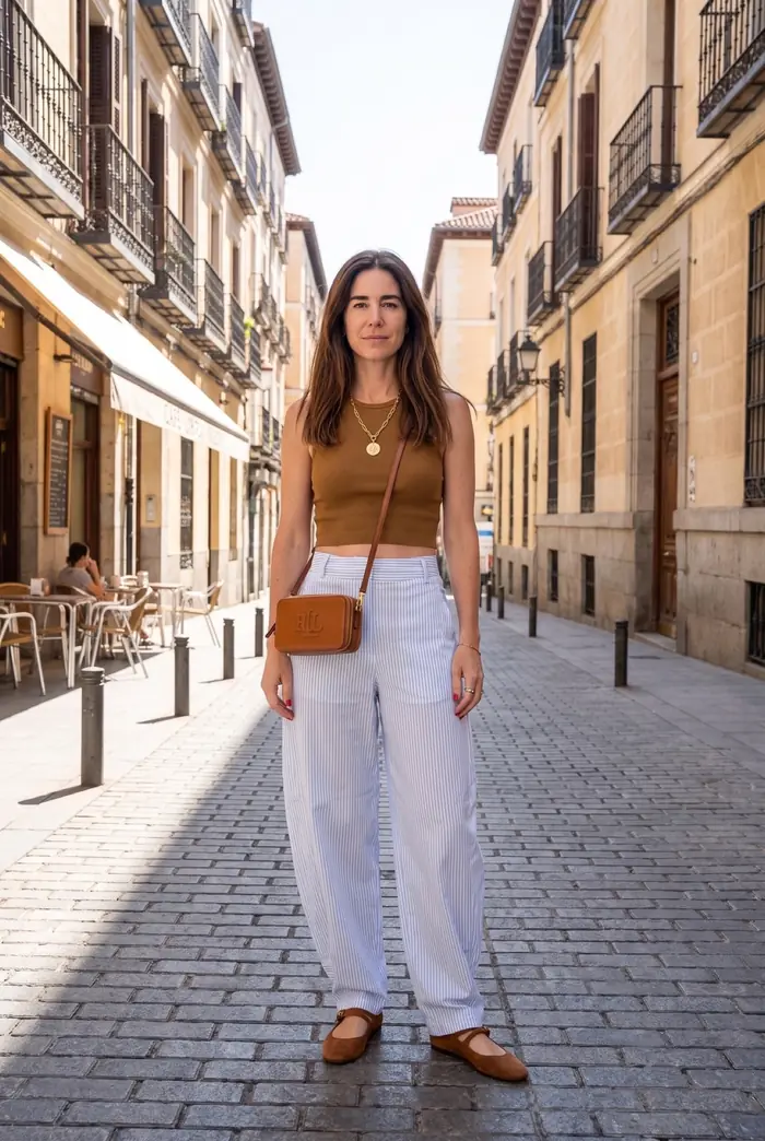 Look propuesto: pantalón blanco ancho y top camel